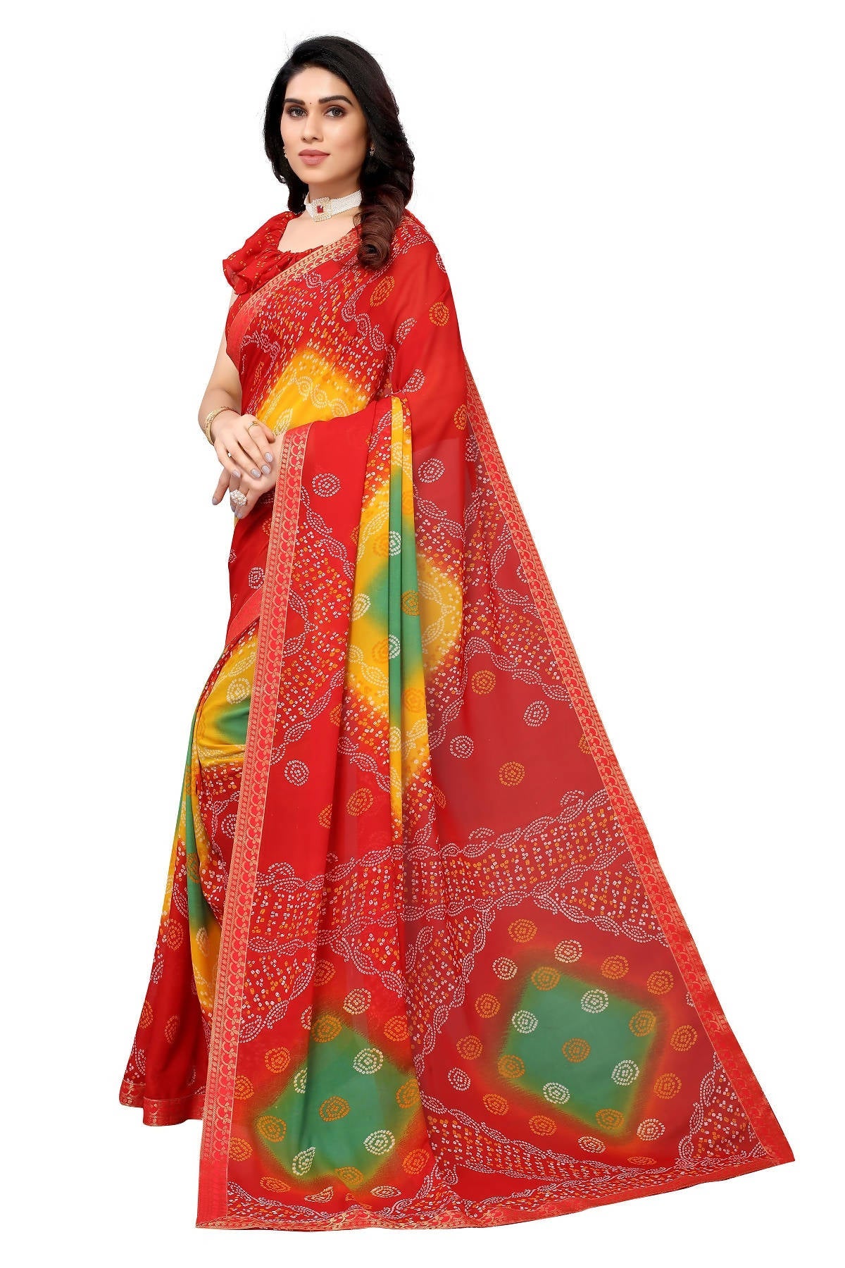 Vamika Ethnic Fire Red Printed With Lace Saree