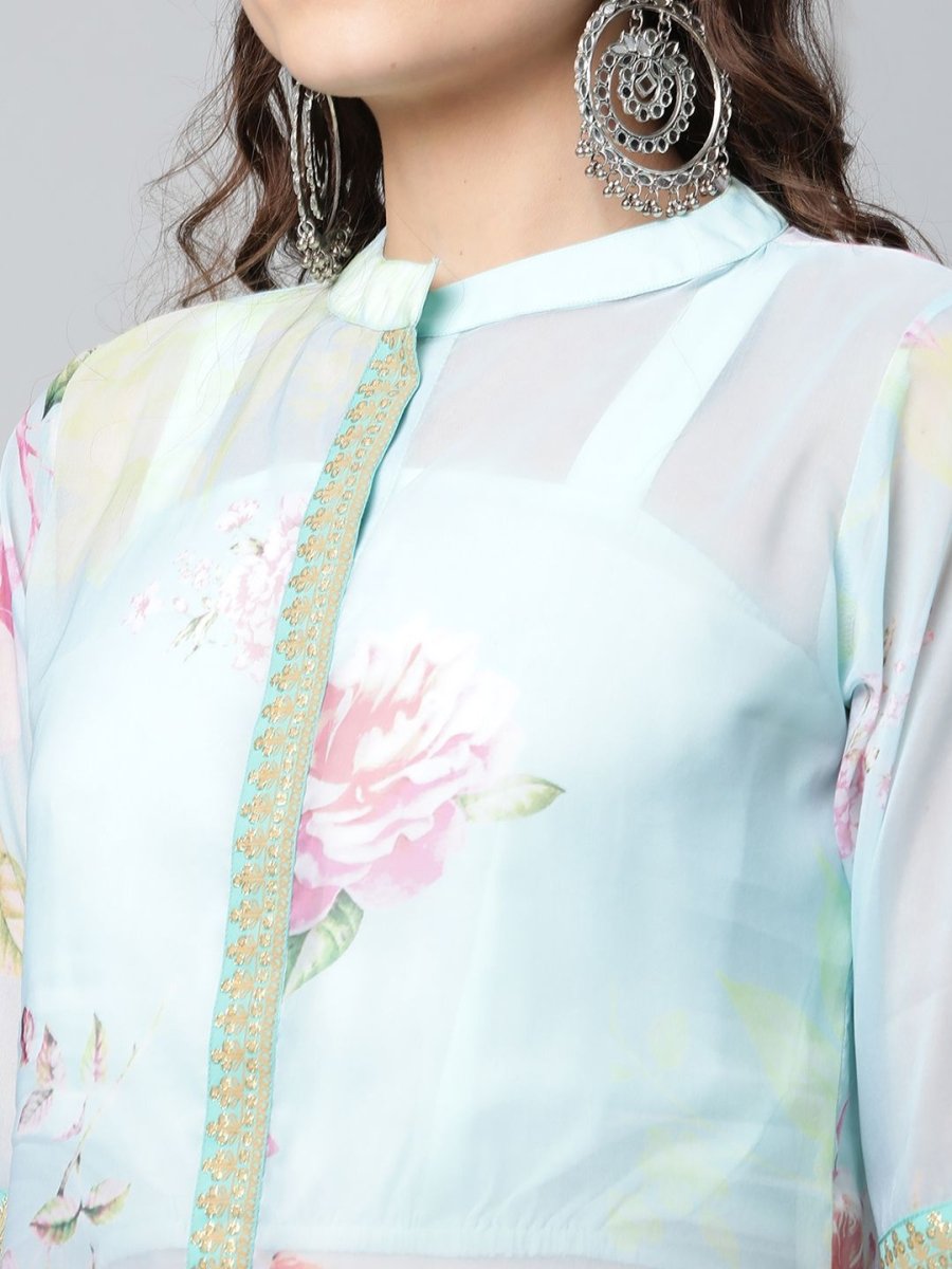 Ahalyaa Women Sea Green Floral Printed Top With Kurta