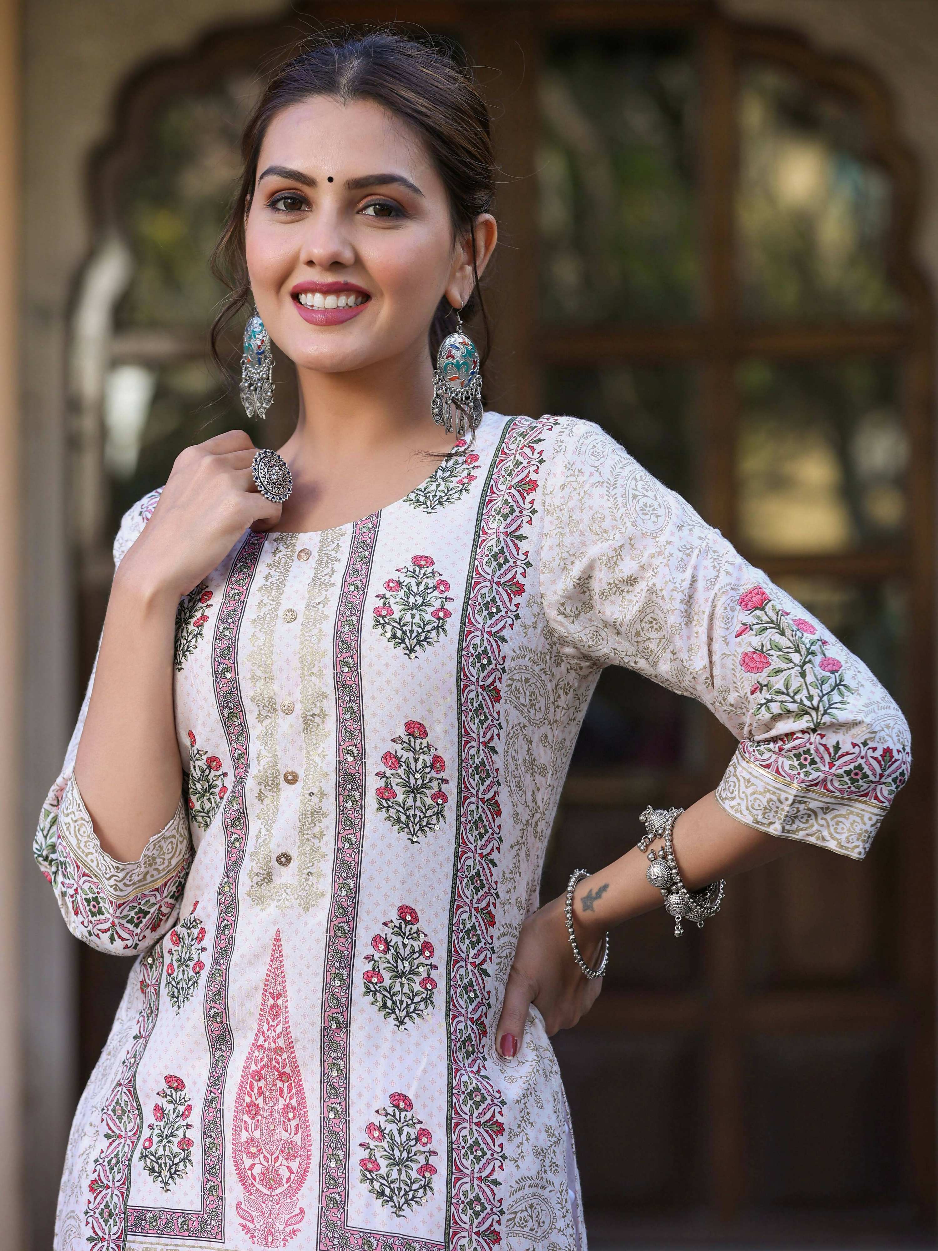 Juniper Women's Pink Viscose Shantoon Festive Printed Straight Kurta