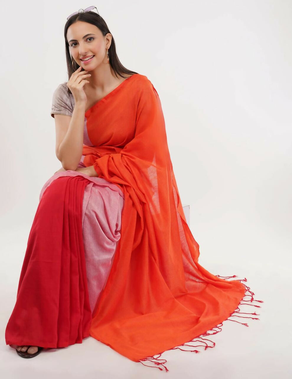 Exclusive Collection Beautiful Khadi Cotton Orange Light Pink Red Handloom Saree
