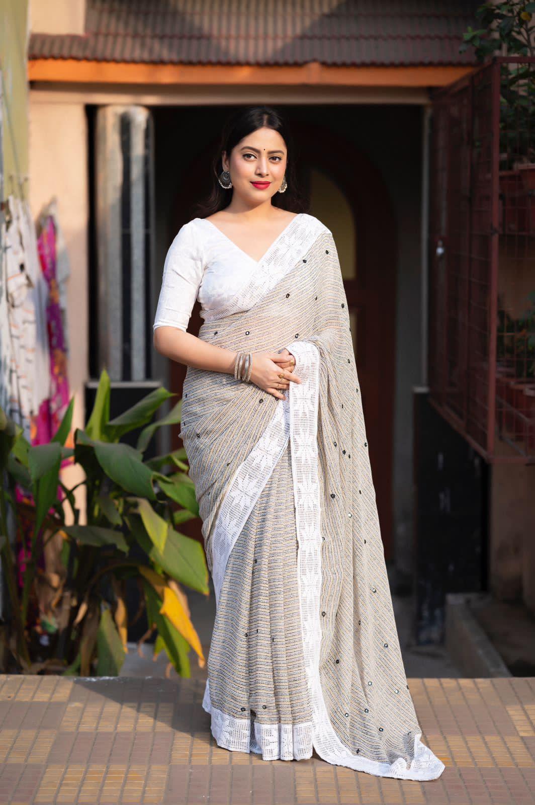 Grey Poly Georgette Ethnic Motifs Saree with Unstitched Blouse - Hiral Fashion