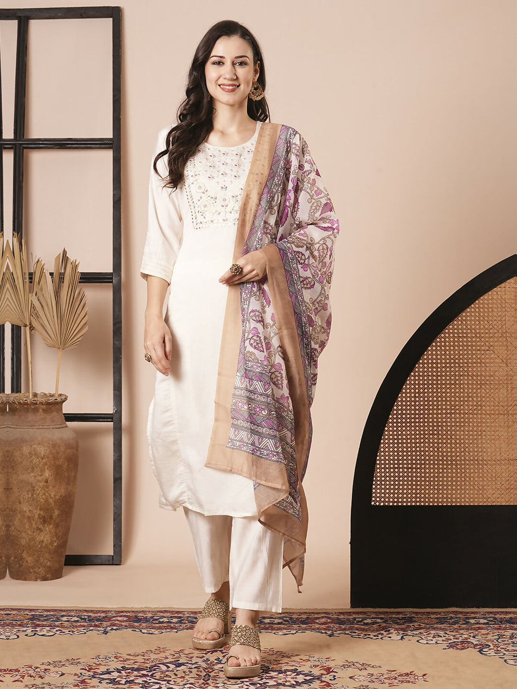 Cream Chanderi Embroidery Work, Printed Kurta Set - Riya