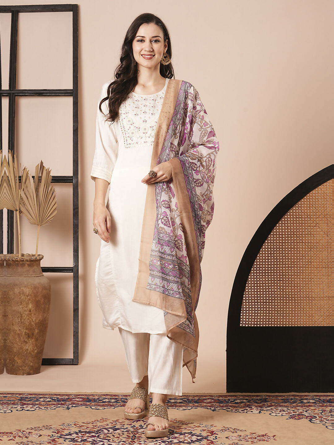 Cream Chanderi Embroidery Work, Printed Kurta Set - Riya