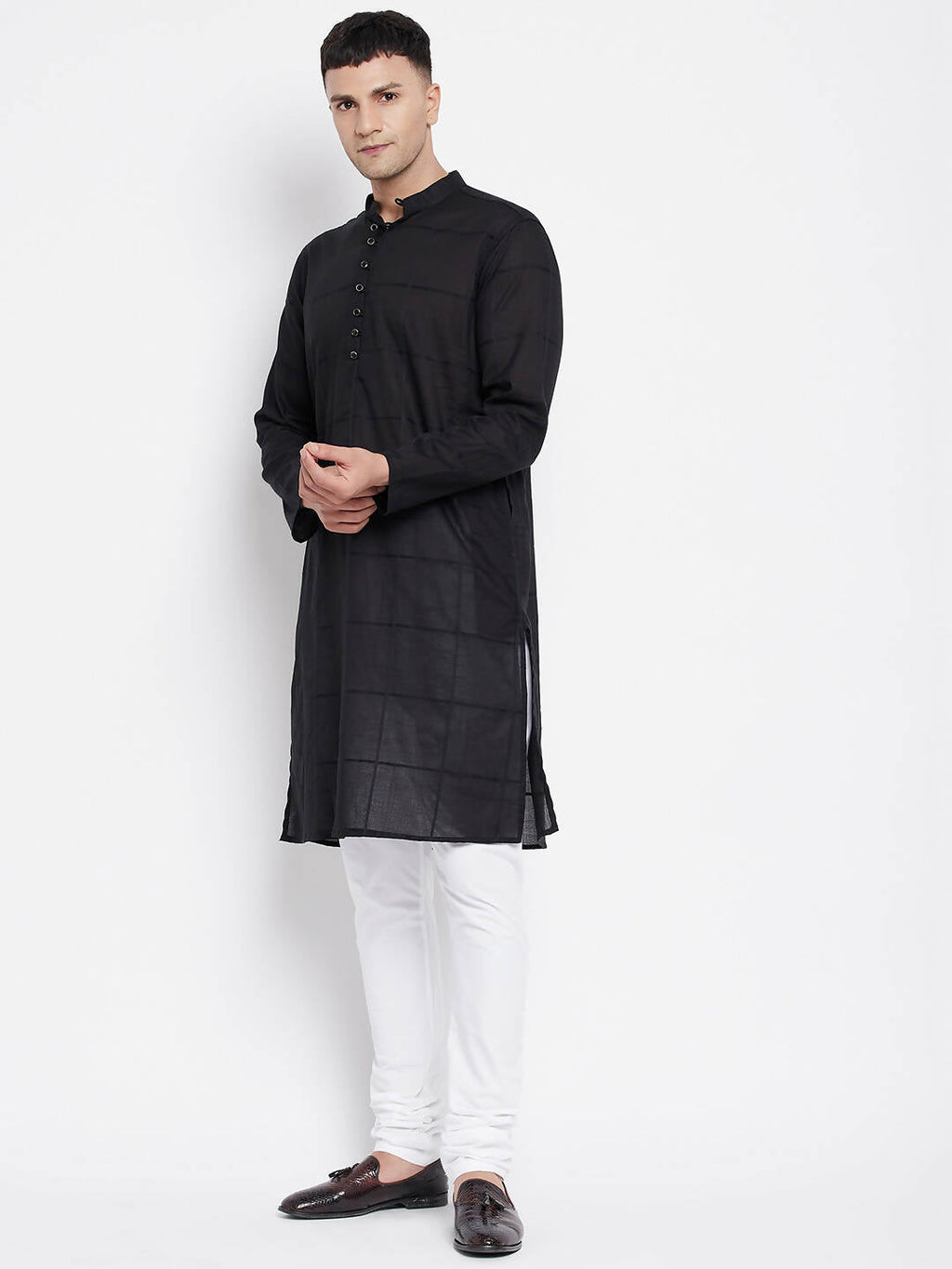Even Apparels Pure Cotton Men's Kurta in Black Color With Band Collar