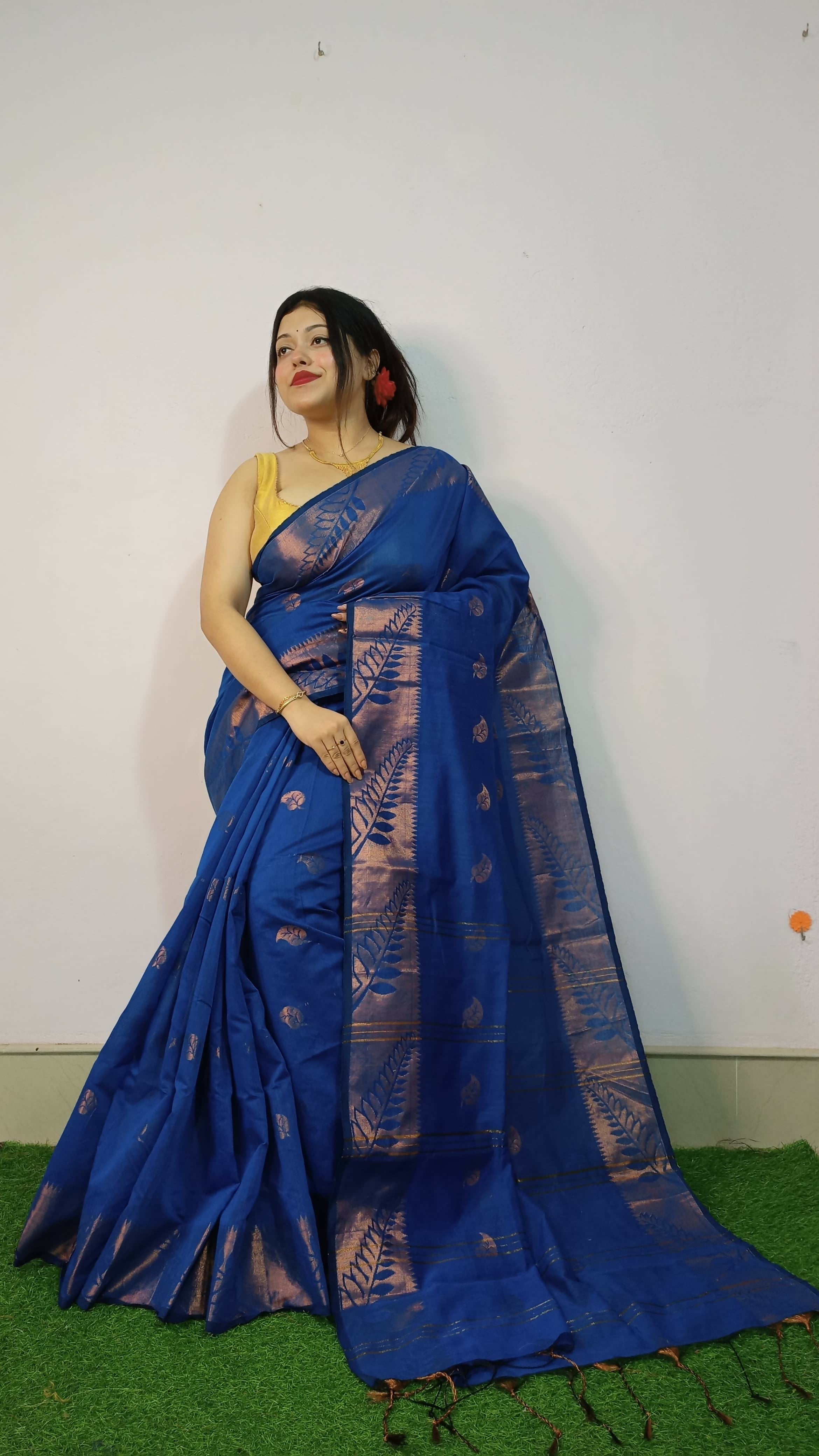 Exclusive Collection Beautiful Blue Cotton Silk Woven Handloom Saree With Running Blouse Piece