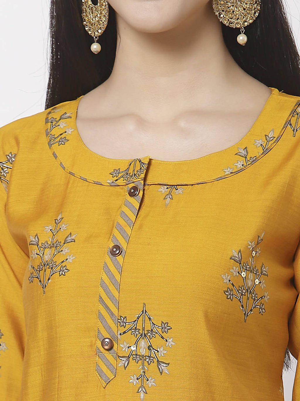 Myshka Women Mustard Yellow Ethnic Motifs Embroidered Panelled Kurti with Trousers With Dupatta