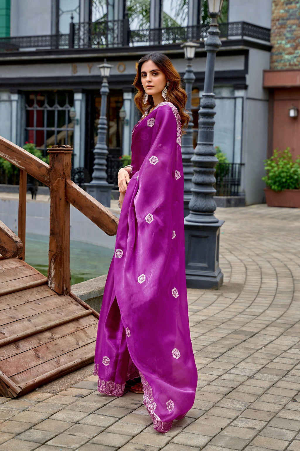 Vastranavya Purple Embroidery Work Shimmer Chiffon Saree with Unstitched Blouse