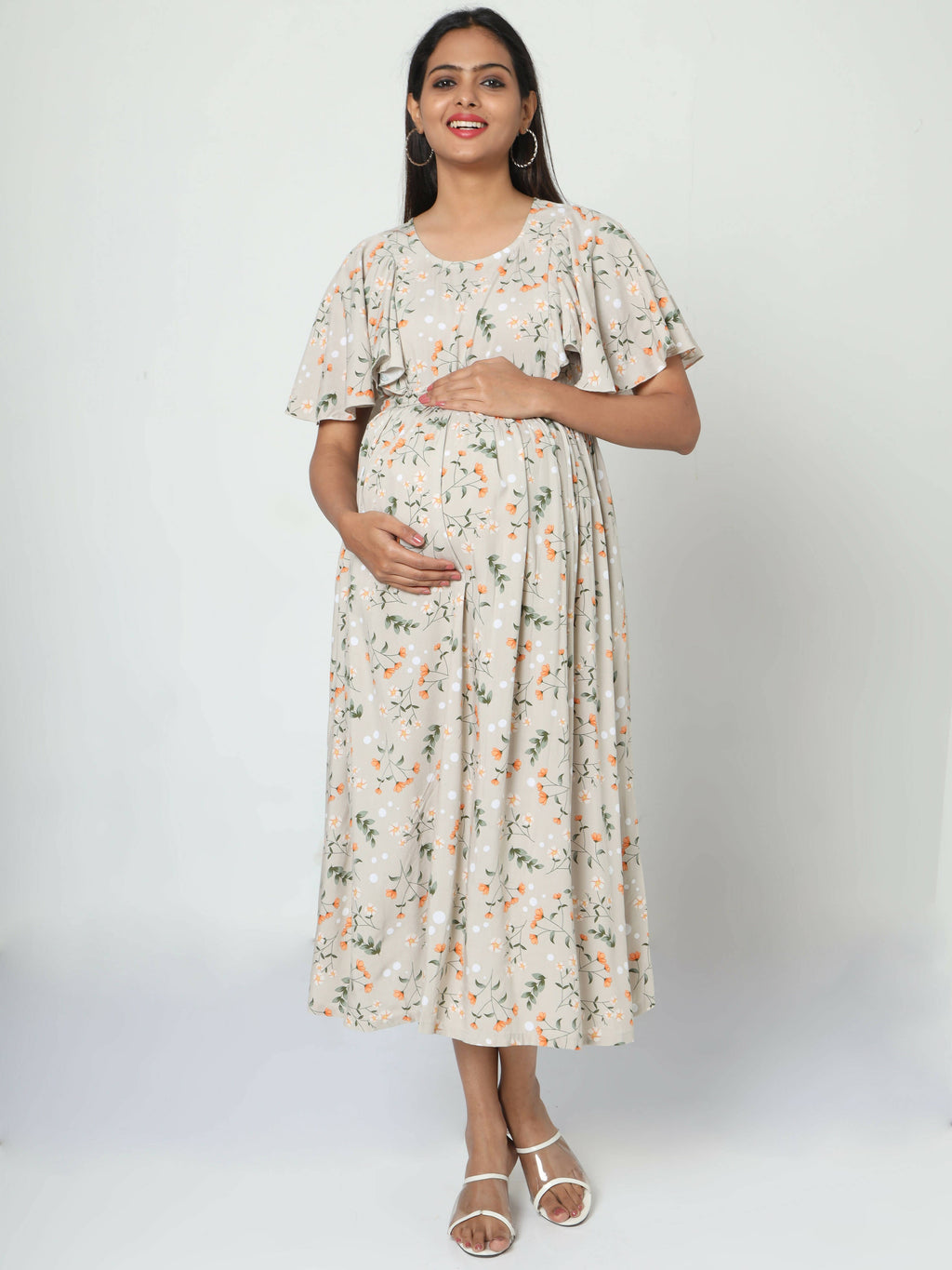 Manet Frill With Sleeves Maternity Dress Floral Print With Concealed Zipper Nursing Access - Cream
