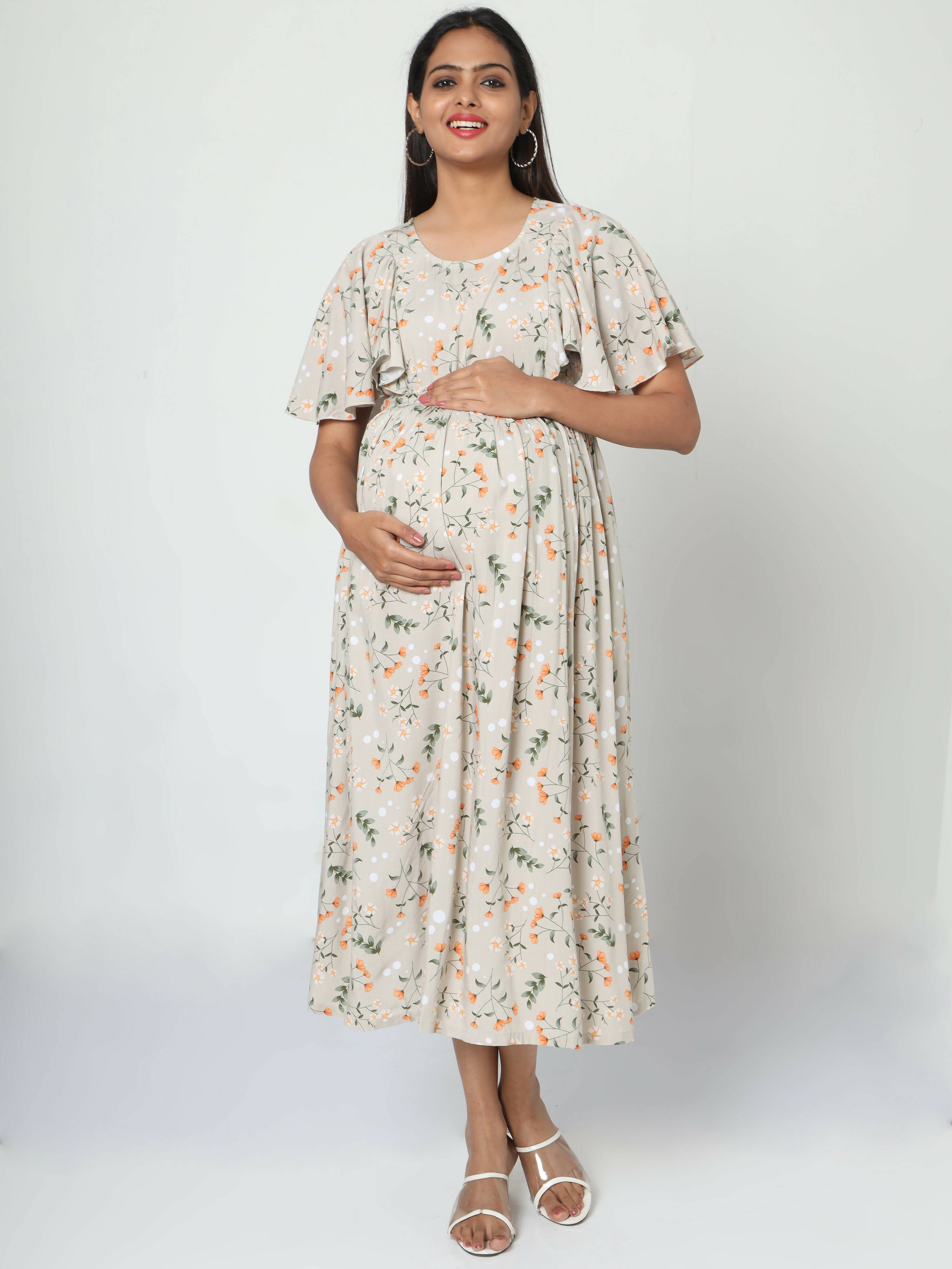 Manet Frill With Sleeves Maternity Dress Floral Print With Concealed Zipper Nursing Access - Cream