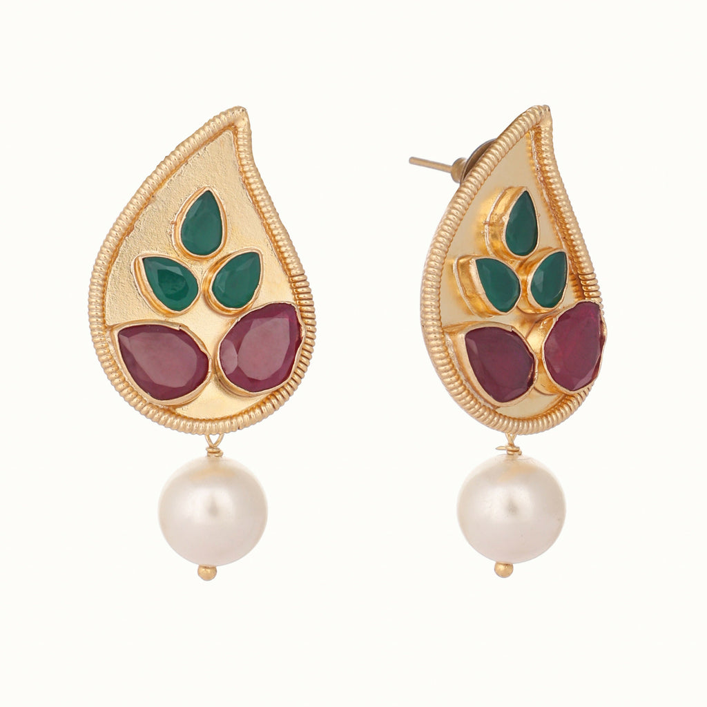 Nuyug 22K Gold Plated Ruby Stone Studded Contemporary Petal Shaped Pearl Drop Stud Earrings