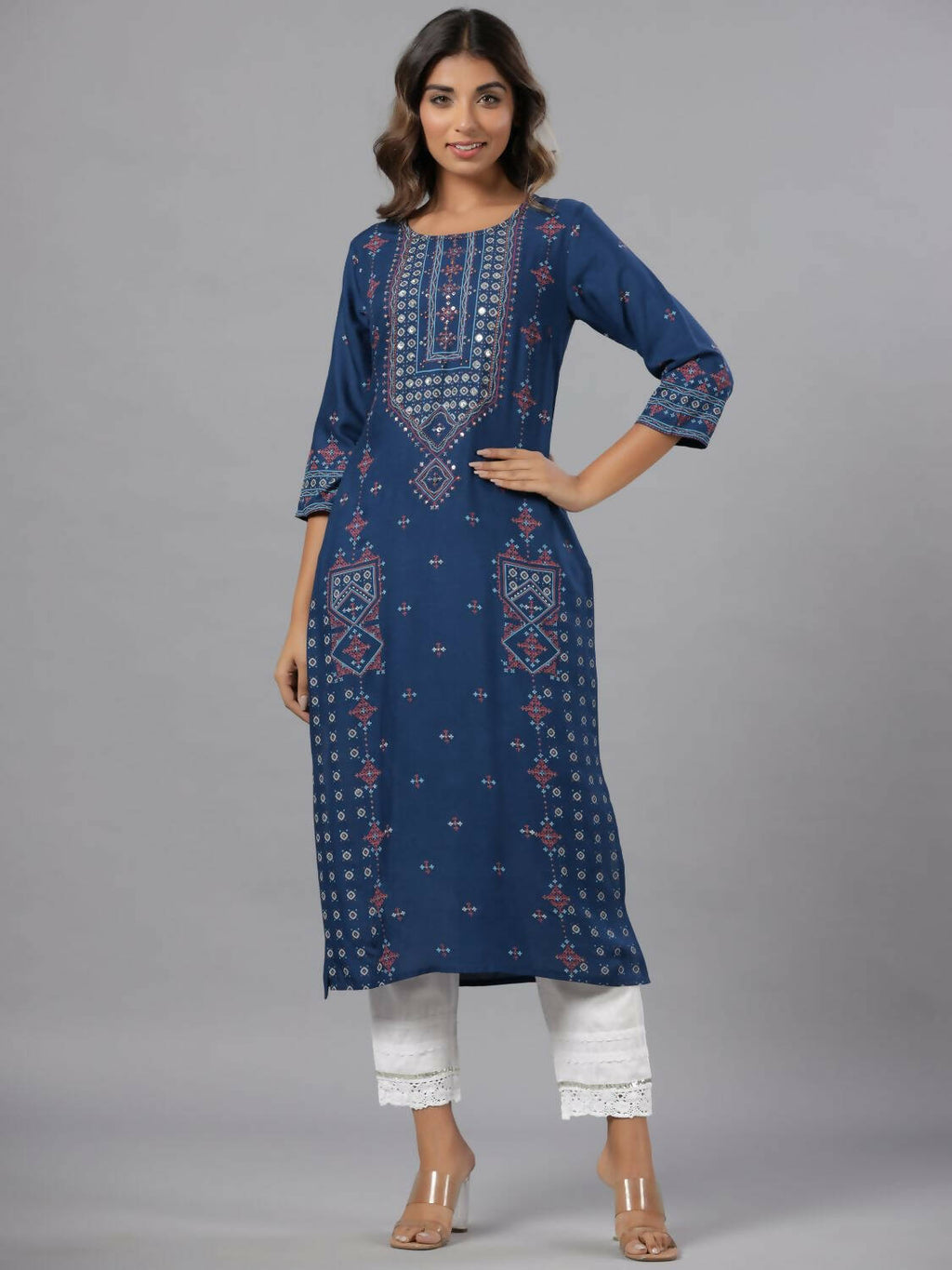 Juniper Women Navy Blue Printed Straight Kurta