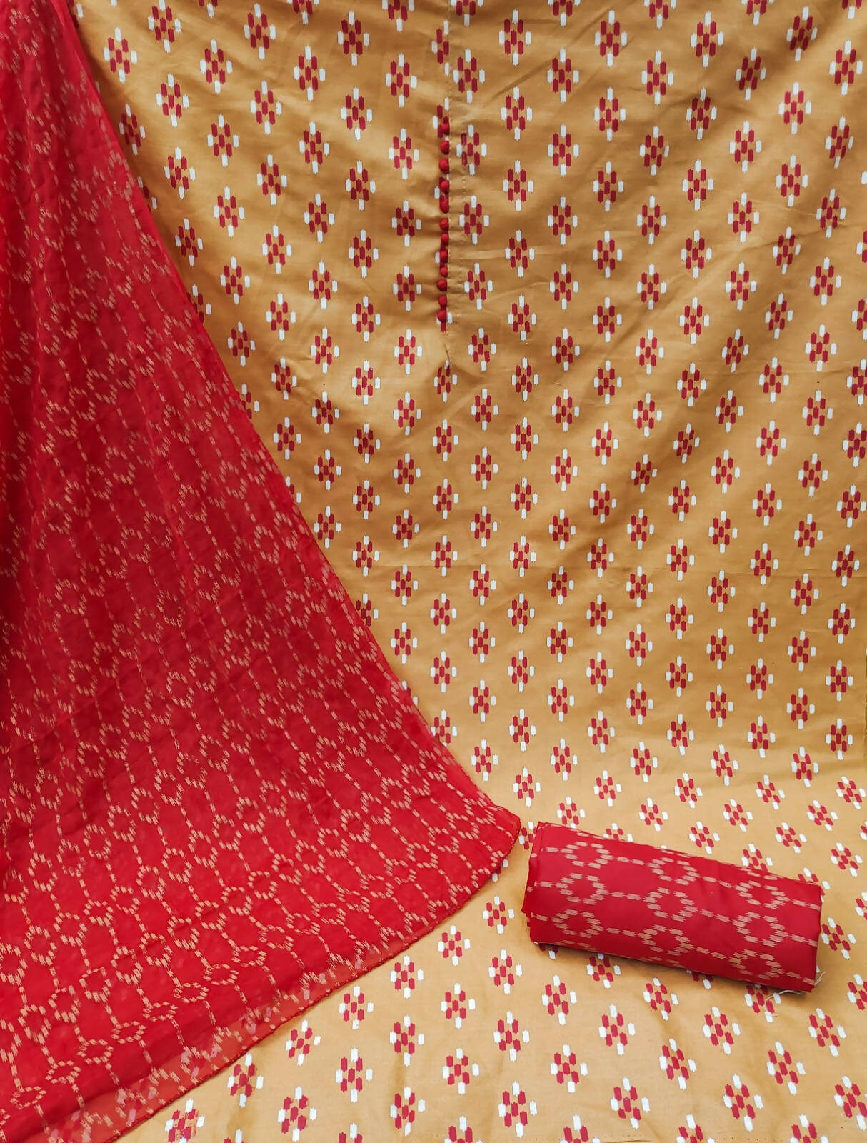 Beige Cotton Printed Unstitched Dress Material - Amara