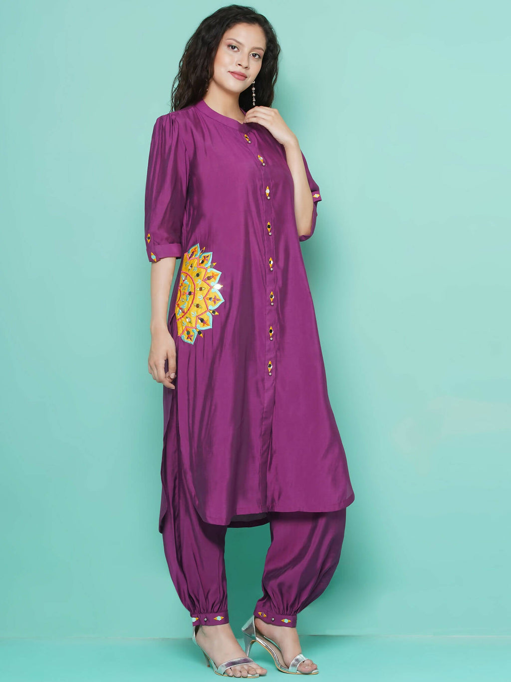 Women Republic Purple Art Silk Embroidered Kurta with Afghani Salwar