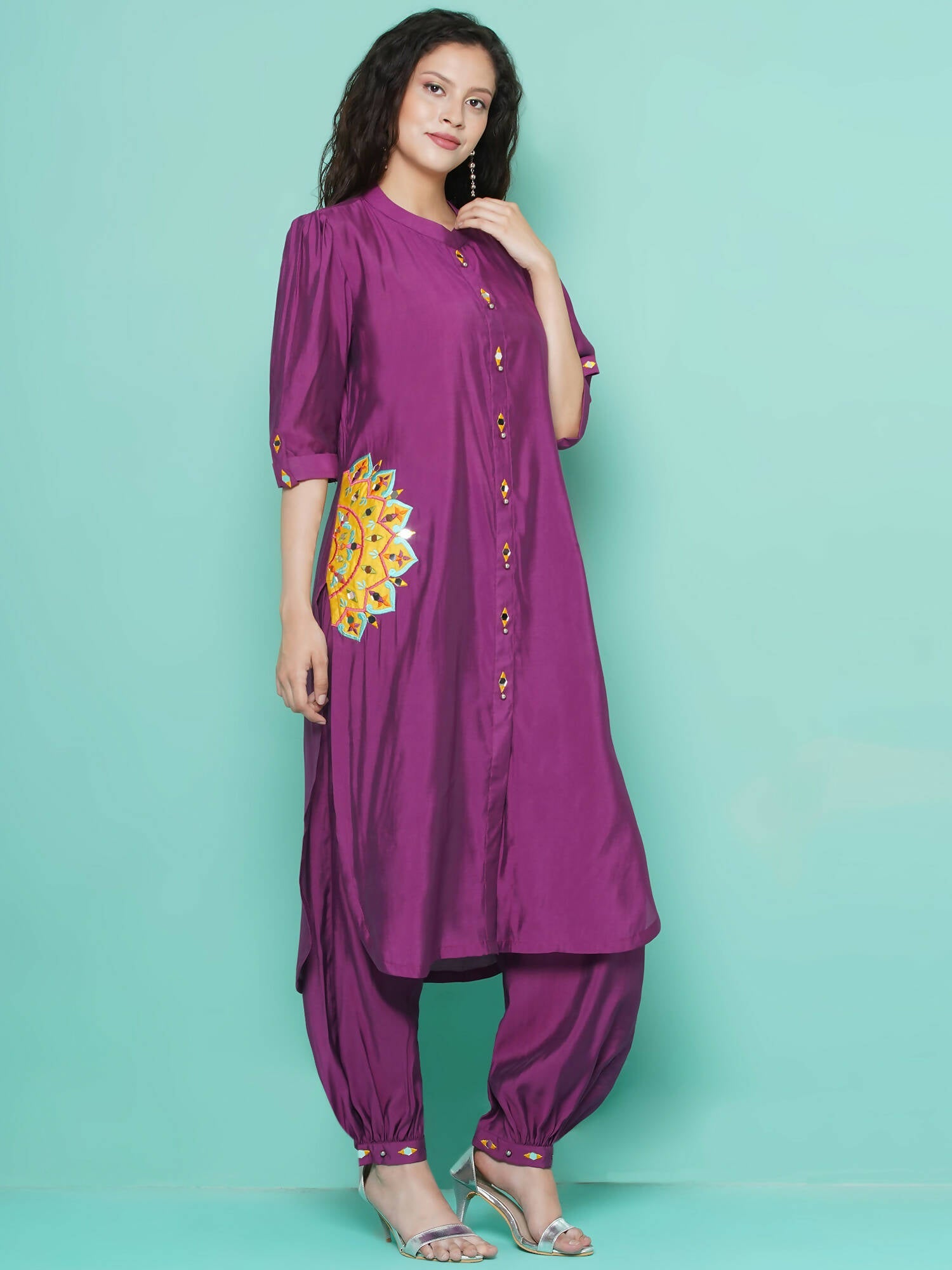 Women Republic Purple Art Silk Embroidered Kurta with Afghani Salwar