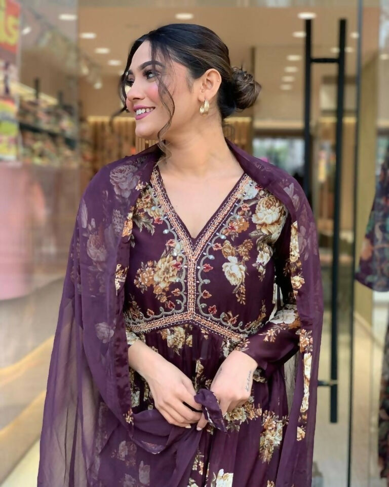 Ethnic Festive Wear Georgette Purple Stitched Suit With Dupatta - Tanisha