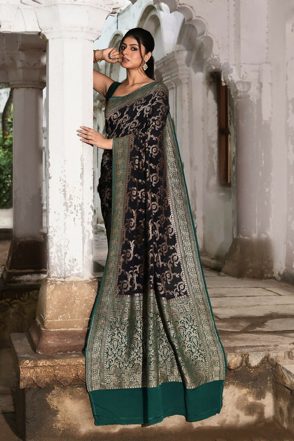 Joban Fashion Navy Blue Crepe Chiffon Pure Handloom Banarasi Silk Saree