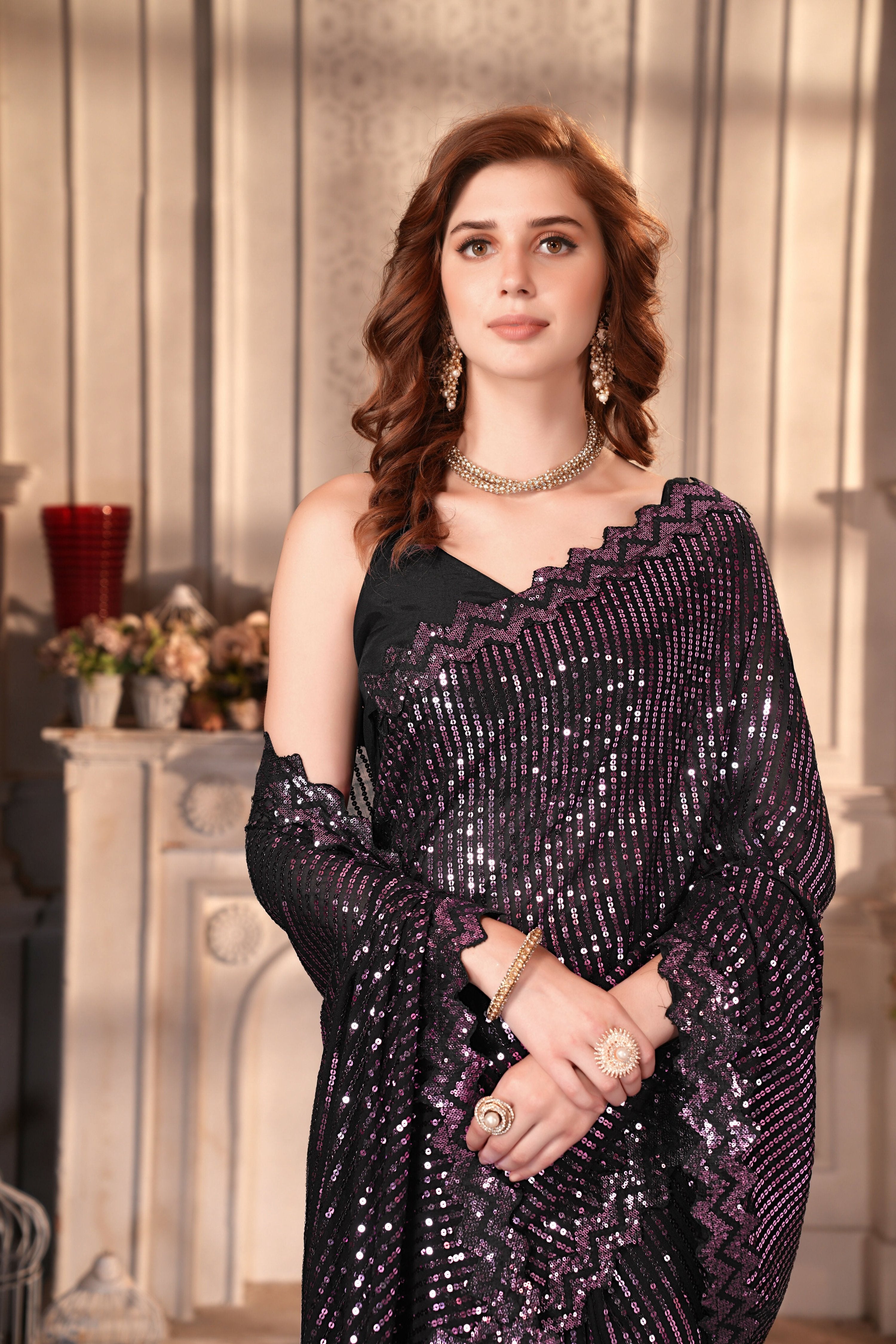 Dishitha Creation Indian Women's Designer Georgette Sequence Saree - Purple