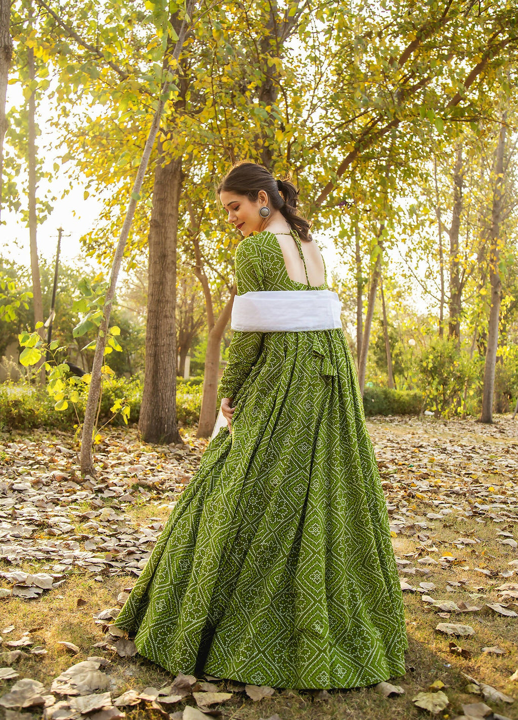 Green Pure Maslin Bandhej Print Work Stitched Suit With Dupatta - Anbazaar