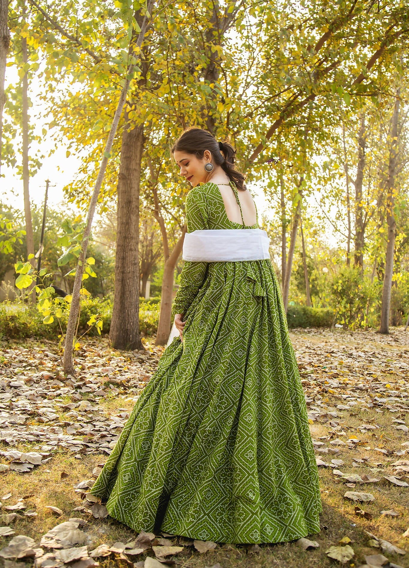 Green Pure Maslin Bandhej Print Work Stitched Suit With Dupatta - Anbazaar
