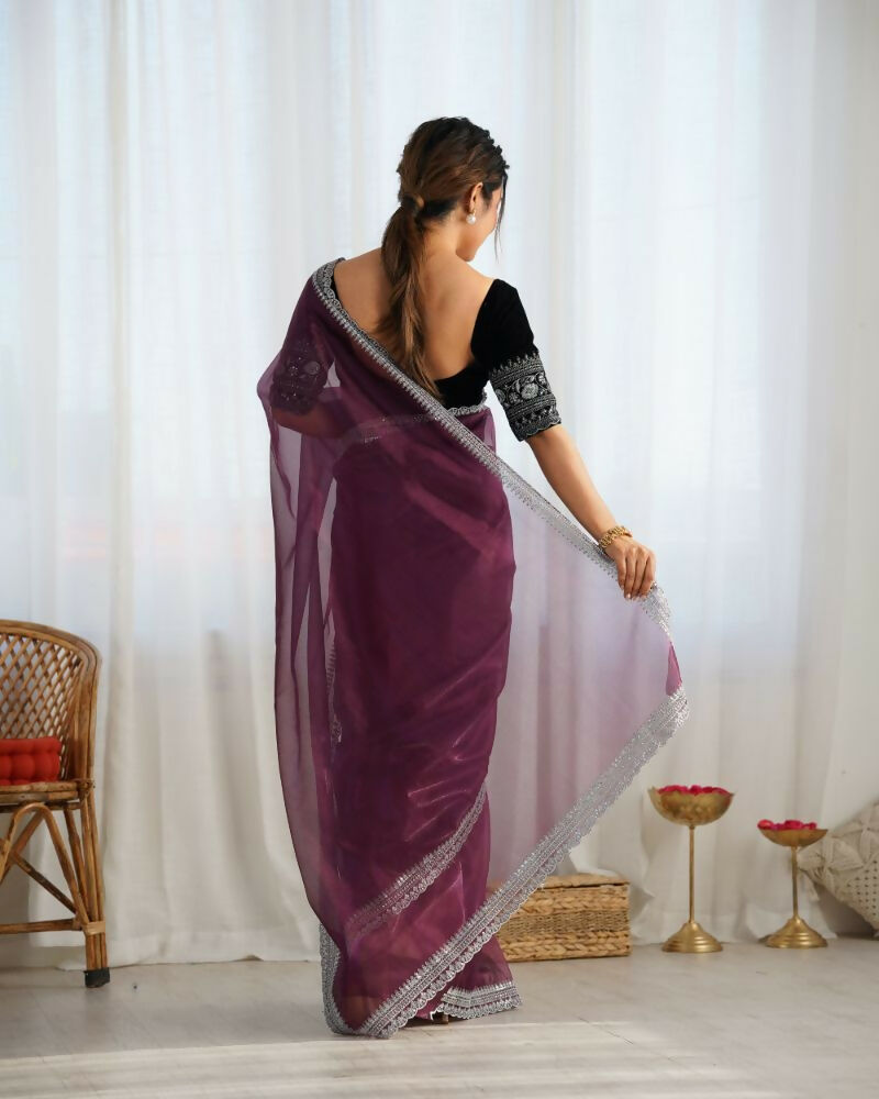 Attrctive Looking Gold Jari, Sequance Embroidery Work Twill Net Party Wear Saree - Wine