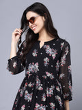 Myshka Black Floral Keyhole Neck Georgette Maxi Dress