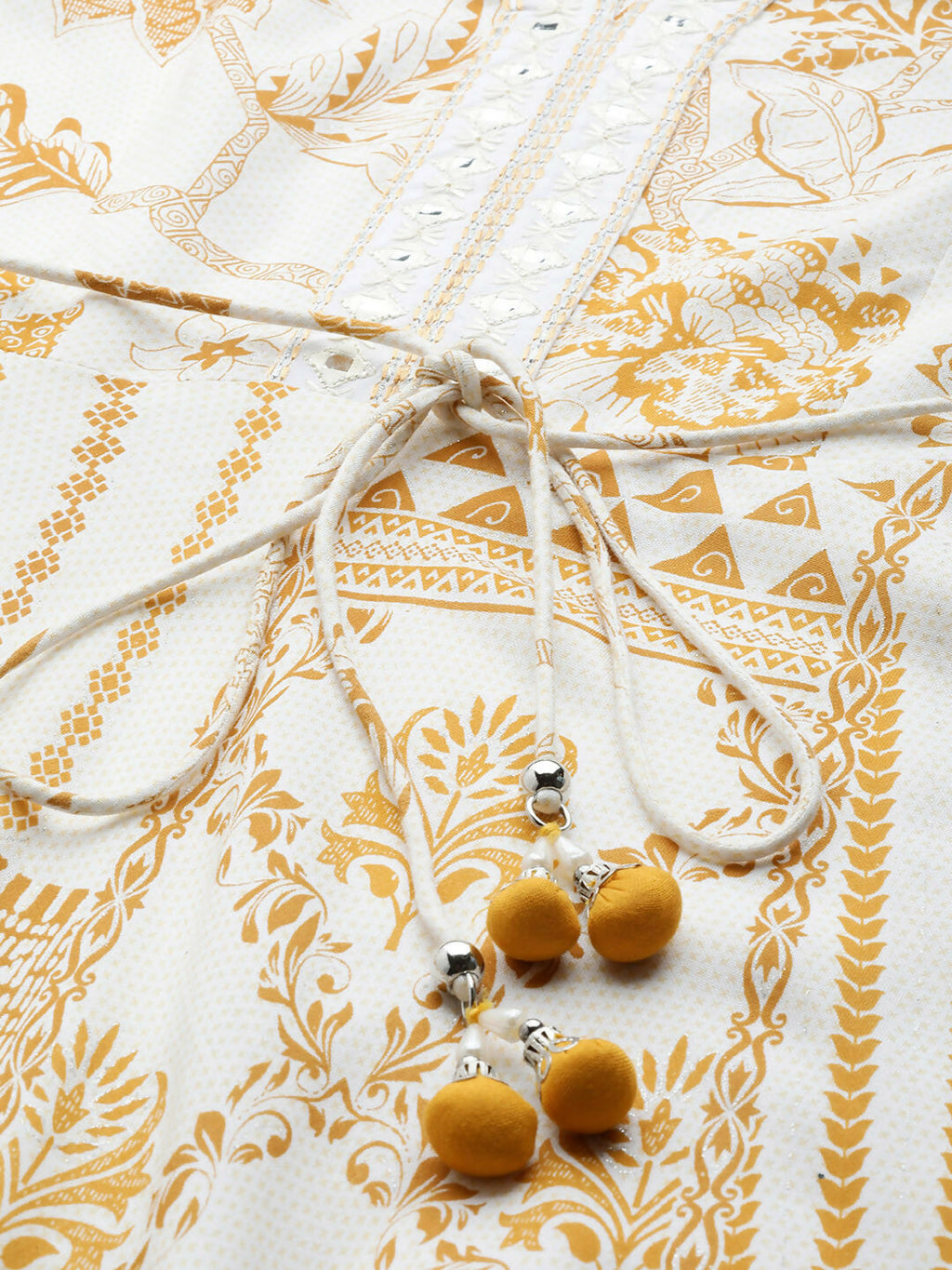 Juniper Mustard Printed Rayon Lacy Maxi Dress With Mirror Embroidered Neckline & Tassels At Waist