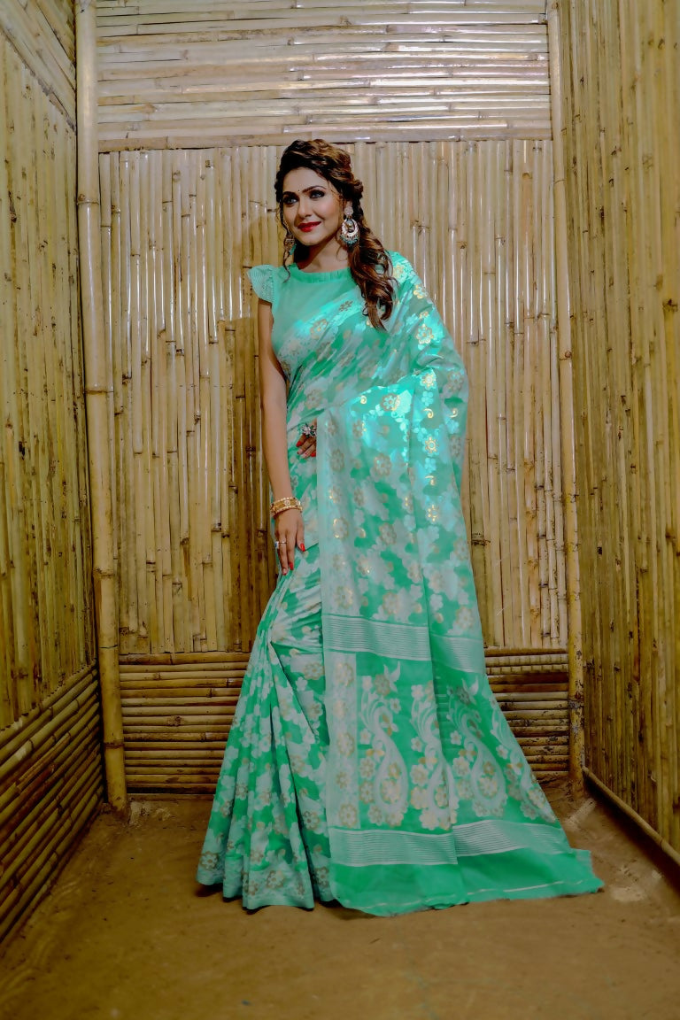 Partywear Designer Rama Jamdani contton Fancy Saree - Starwalk