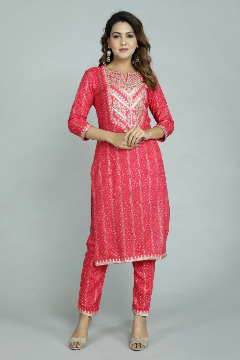 Alvano Beautiful Embroidery Print Straight Kurti with Pant and Dupatta set for Women and Girls Rayon