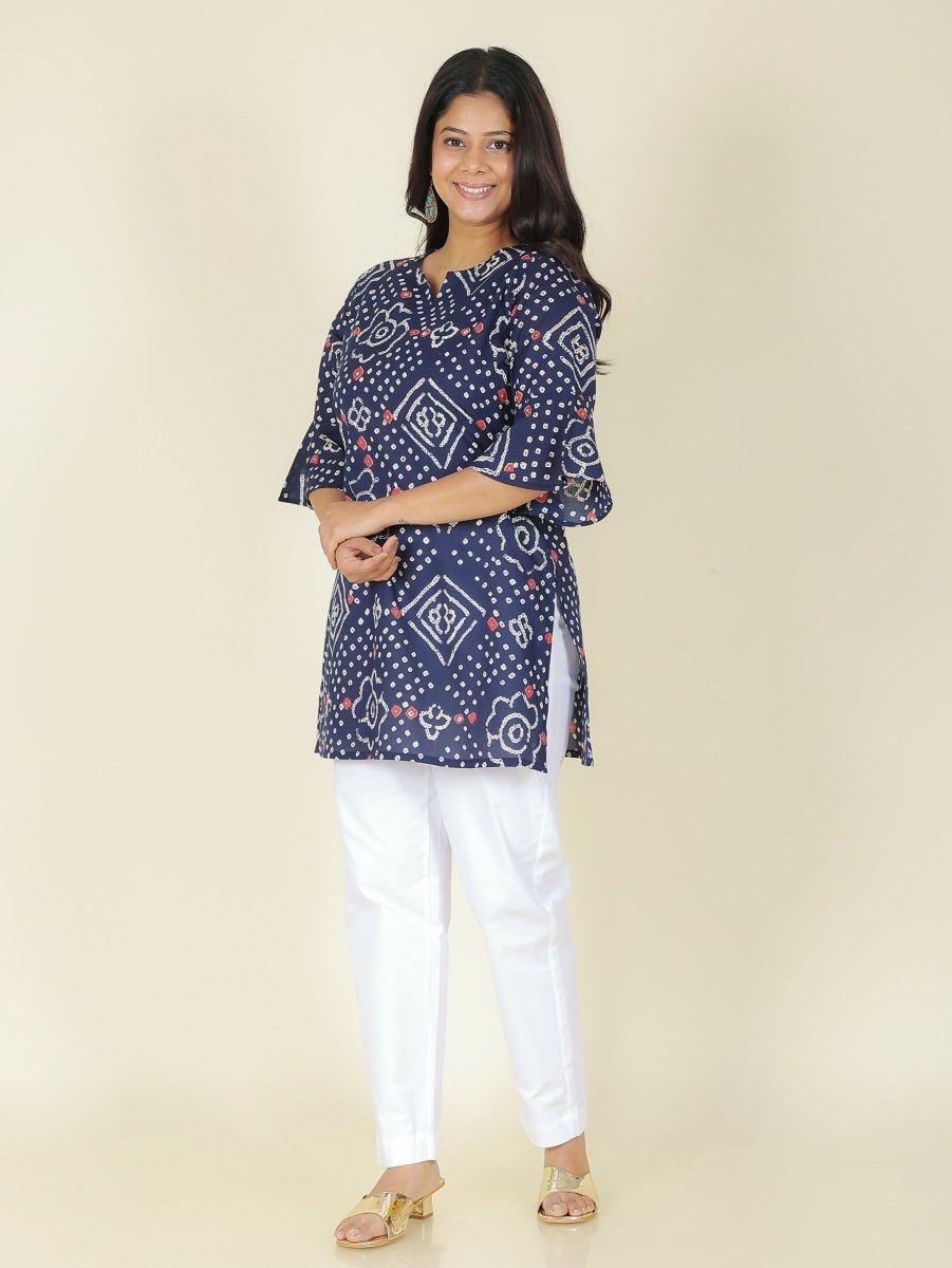 Aramya Blue Soft Cotton Bandhani Print Straight Kurta Set for Women