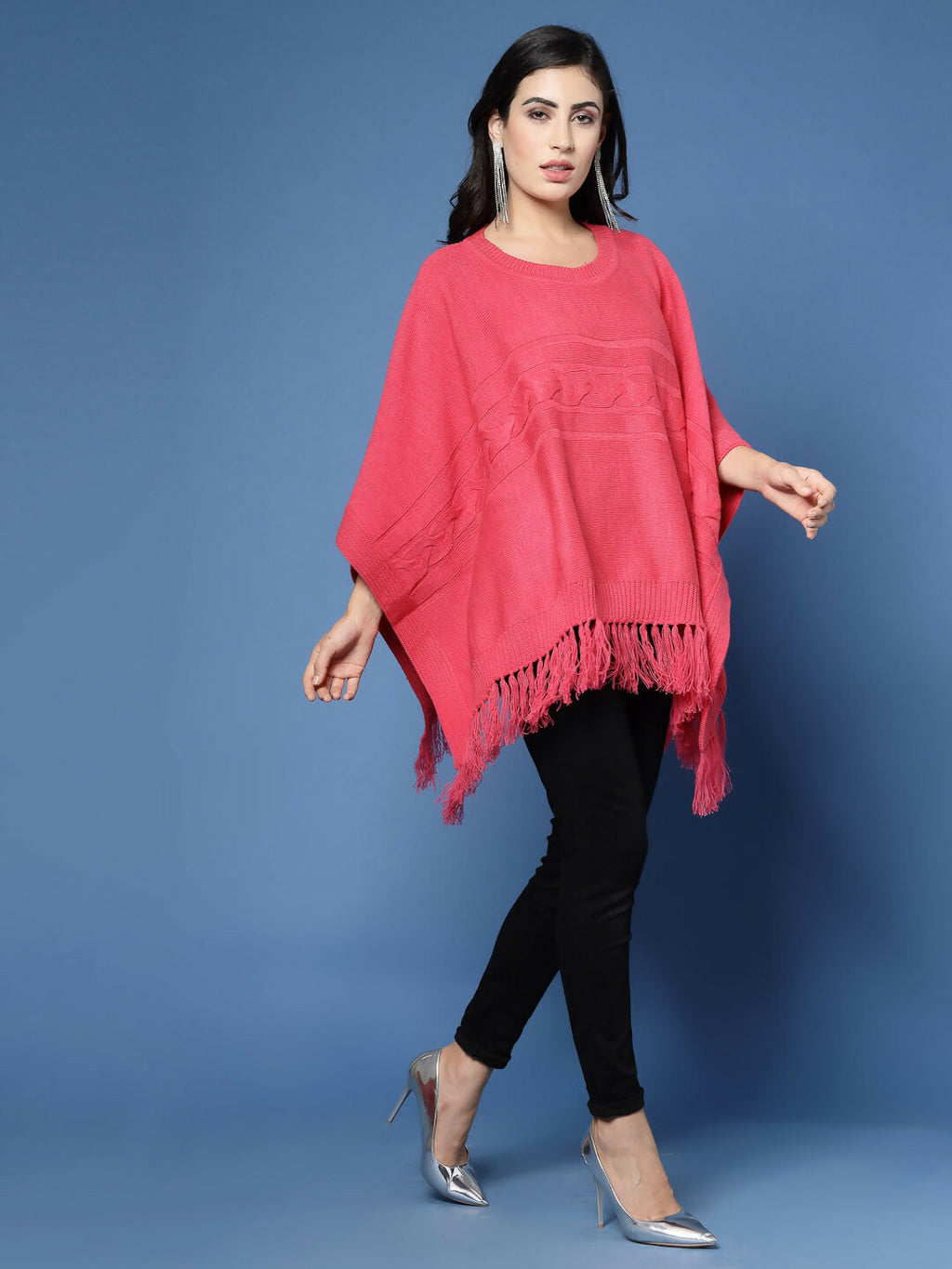Women Fuchsia Acrylic Self Design Poncho - Wool Trees