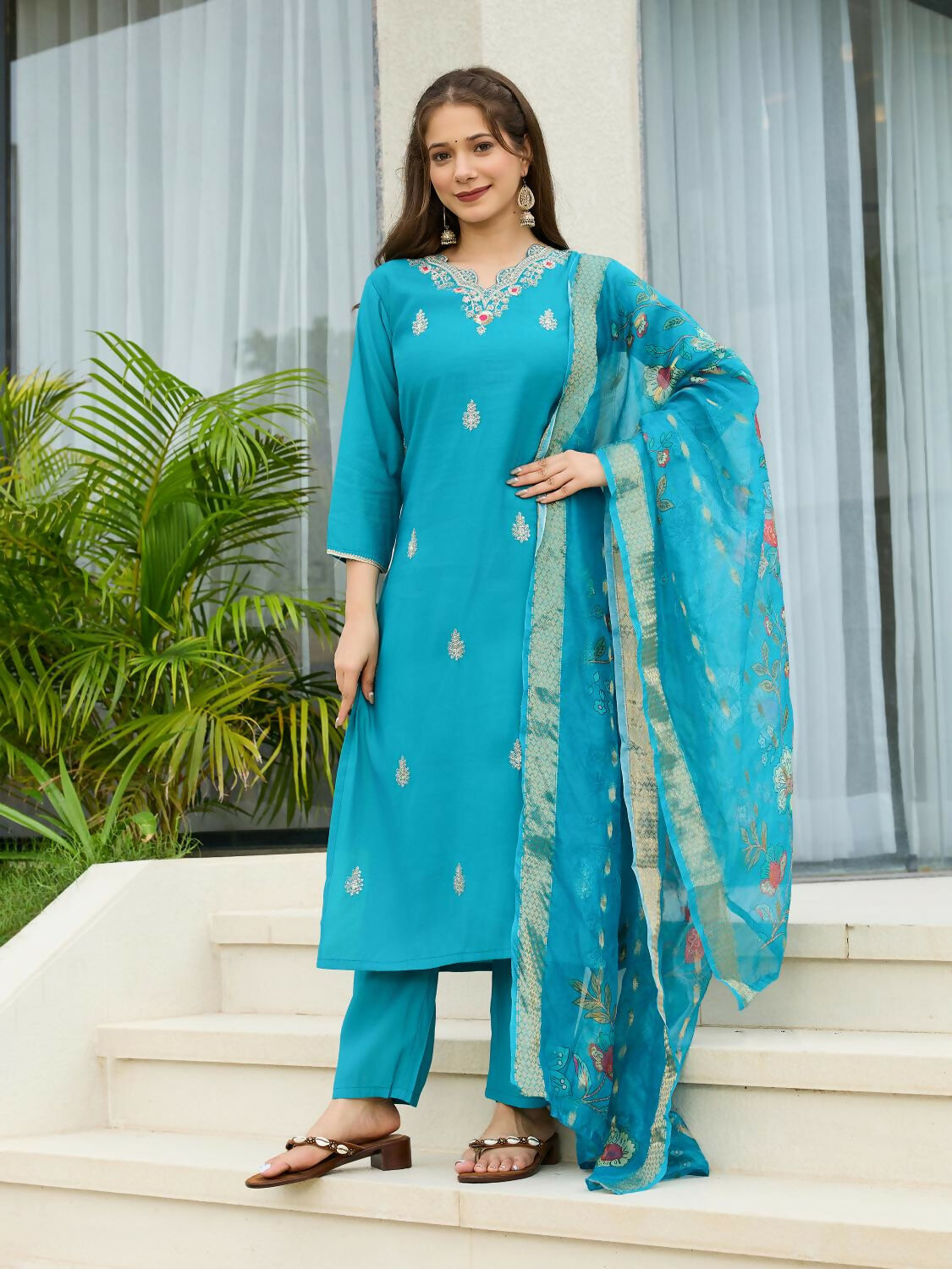 The52 Blue Women's Gorgeous Viscose Fabric Embroidered Work Straight Kurta, Pant and Dupatta Set