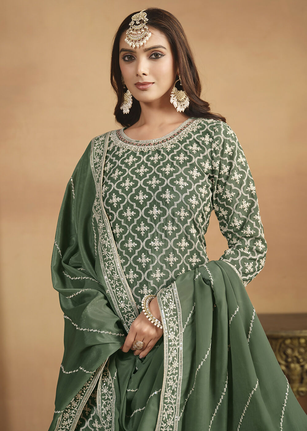 Chinnon Green Multicolor Embroidered Lehenga Style Suit - Emponline
