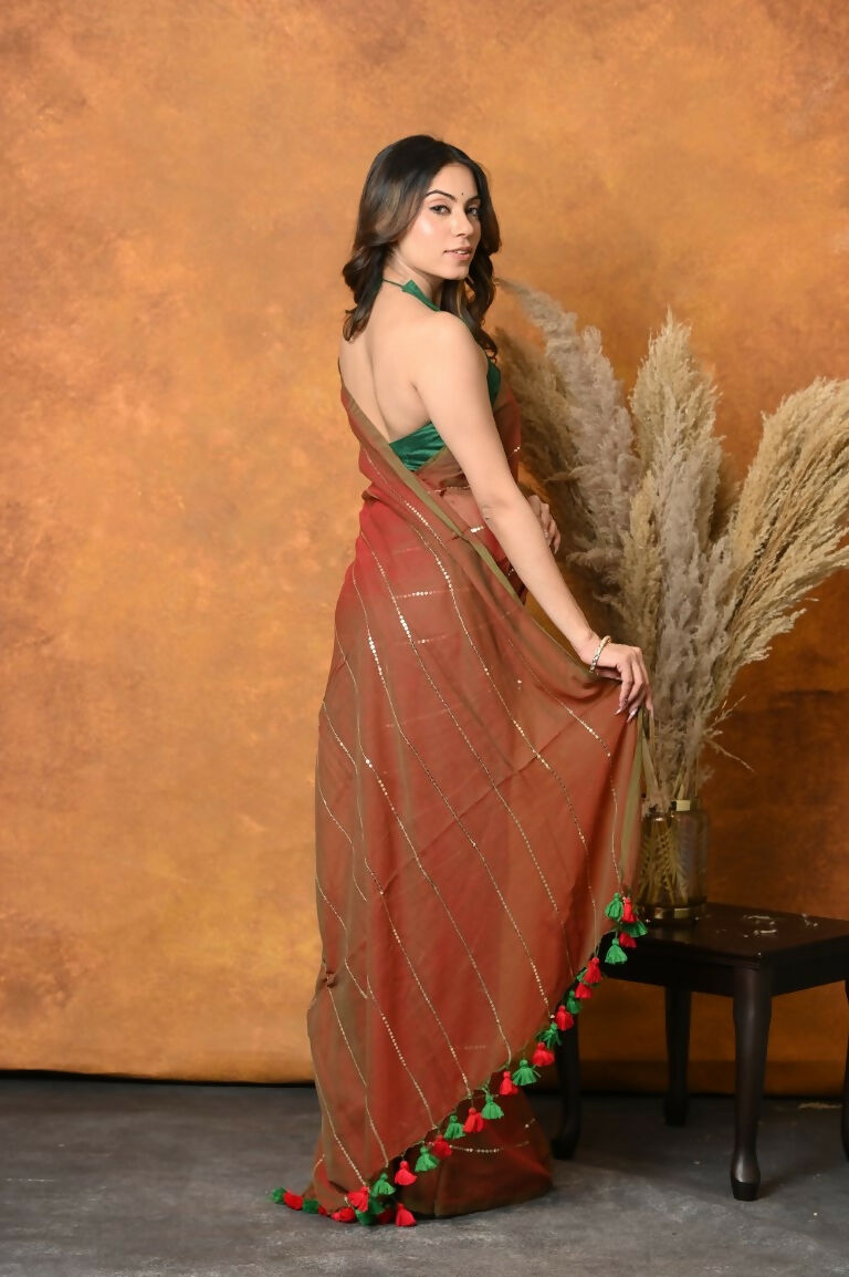Very Much Indian Designer Mul Cotton Handloom Saree with Sequins - Dual Tone Red Green