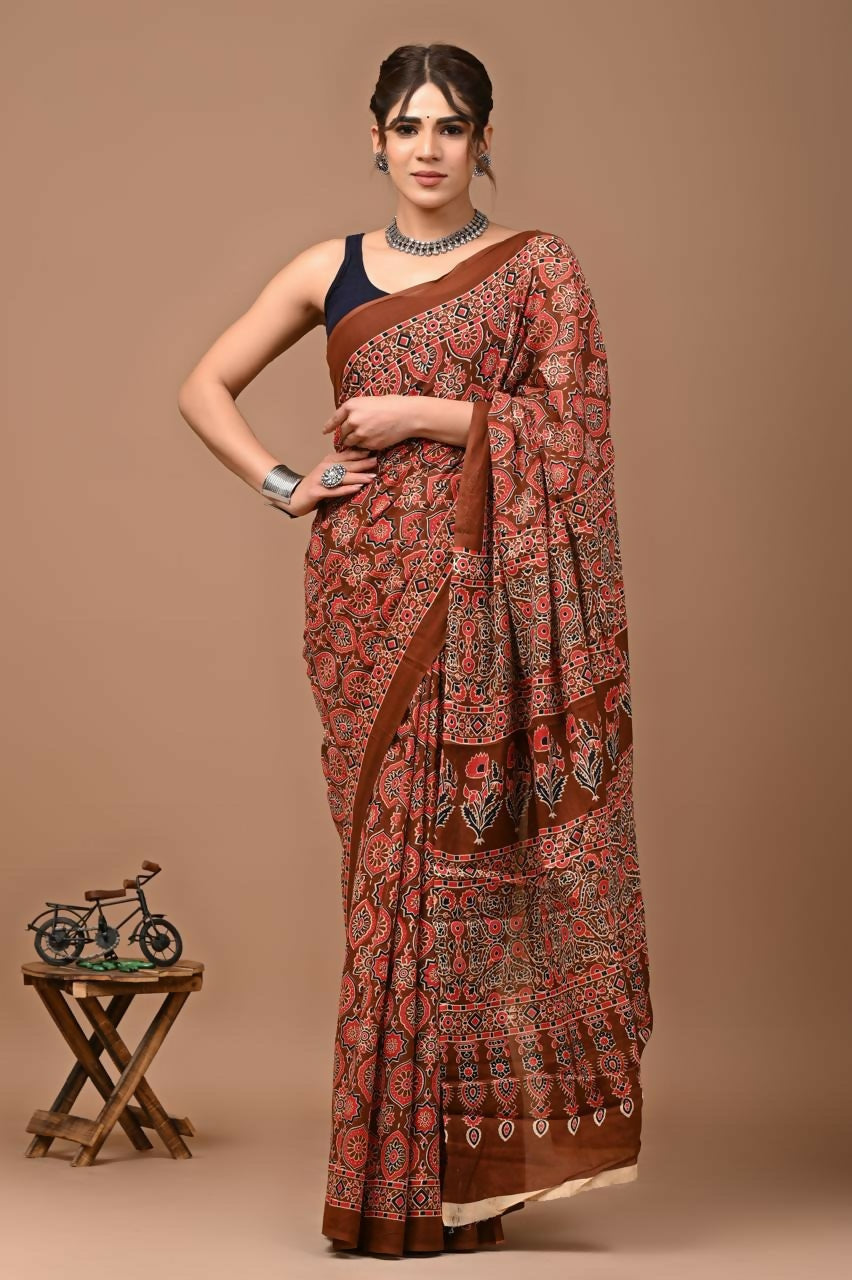 Exclusive Collection Brown Multi Beautiful Mulmul Cotton Saree