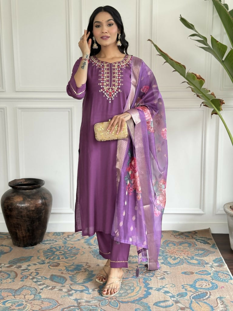 Purple Viscose chanderi Stitched Suit With Dupatta - Tanisha