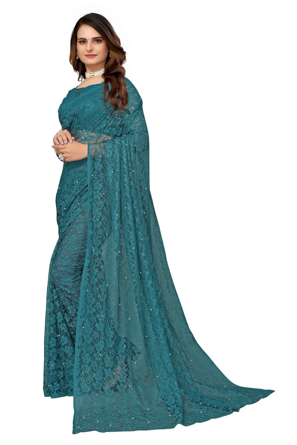 Vamika Rama Green Pearls Net Saree