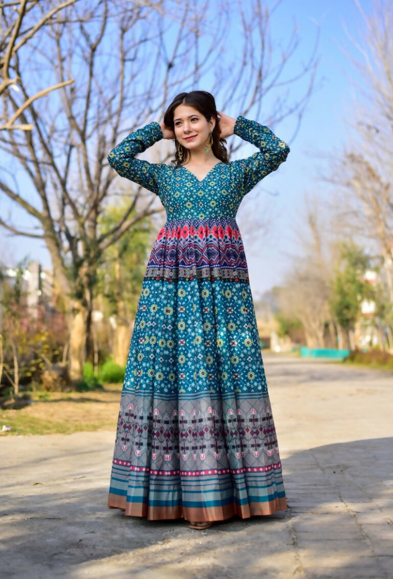 Jyoti Fashion Women's Blue Heavy Digital Printed Cotton Silk Anarkali Dress