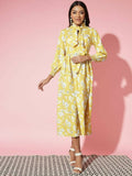 Myshka Women Yellow Floral Rayon A-Line Shirt Collar Dress