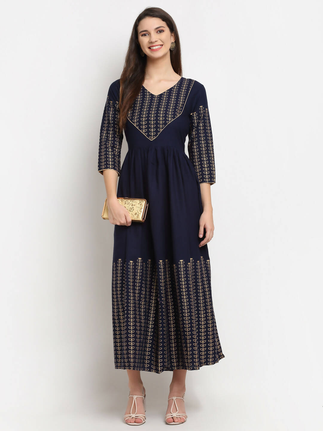 Rudra Bazaar Gold Printed A-line flared Blue kurti
