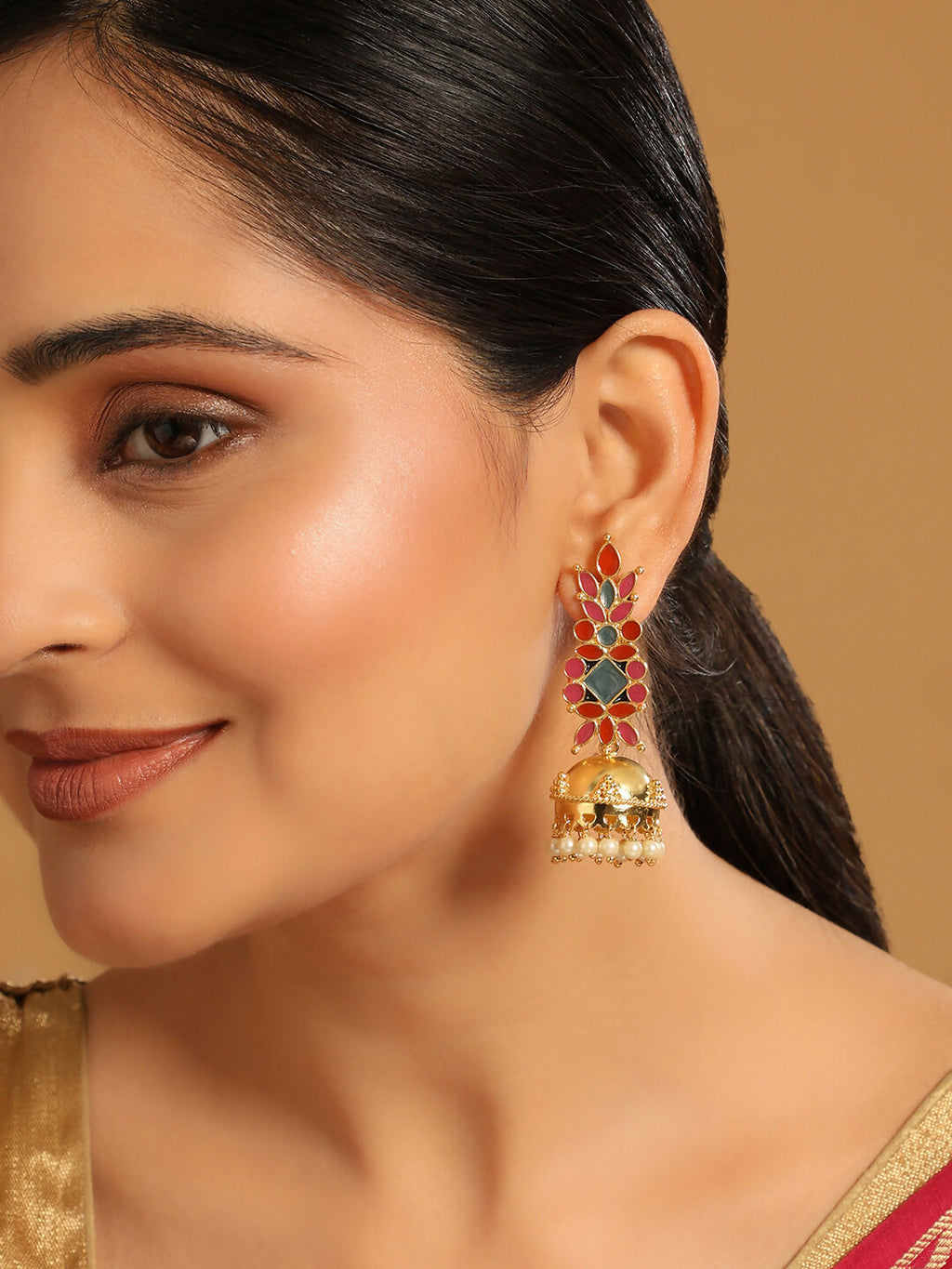 Nuyug 22K Gold-Plated Enamel & Beaded Dome Shaped Jhumka Earrings