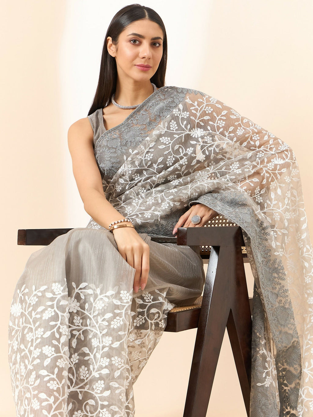 Grey Organza Floral Embroidered Saree with Unstitched Blouse Piece - Roozal