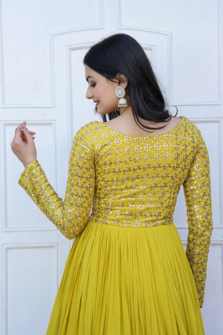 Jyoti Fashion Women's Yellow Sequence Zari Embroidered Faux Blooming Anarkali Dress