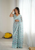 PR Fashion Sky_Blue Bright Moss Satin Patta Printed Saree