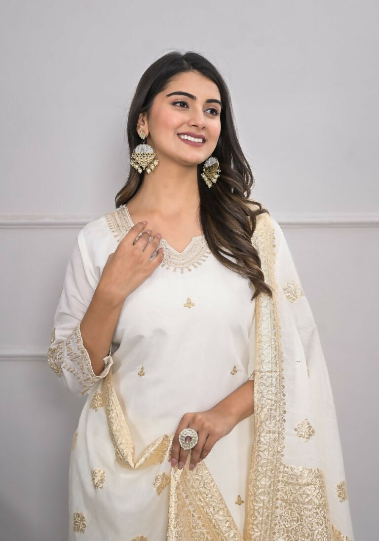 White Viscose Silk Embroidery with Thread and sequence Stitched Suit With Dupatta - Tanisha
