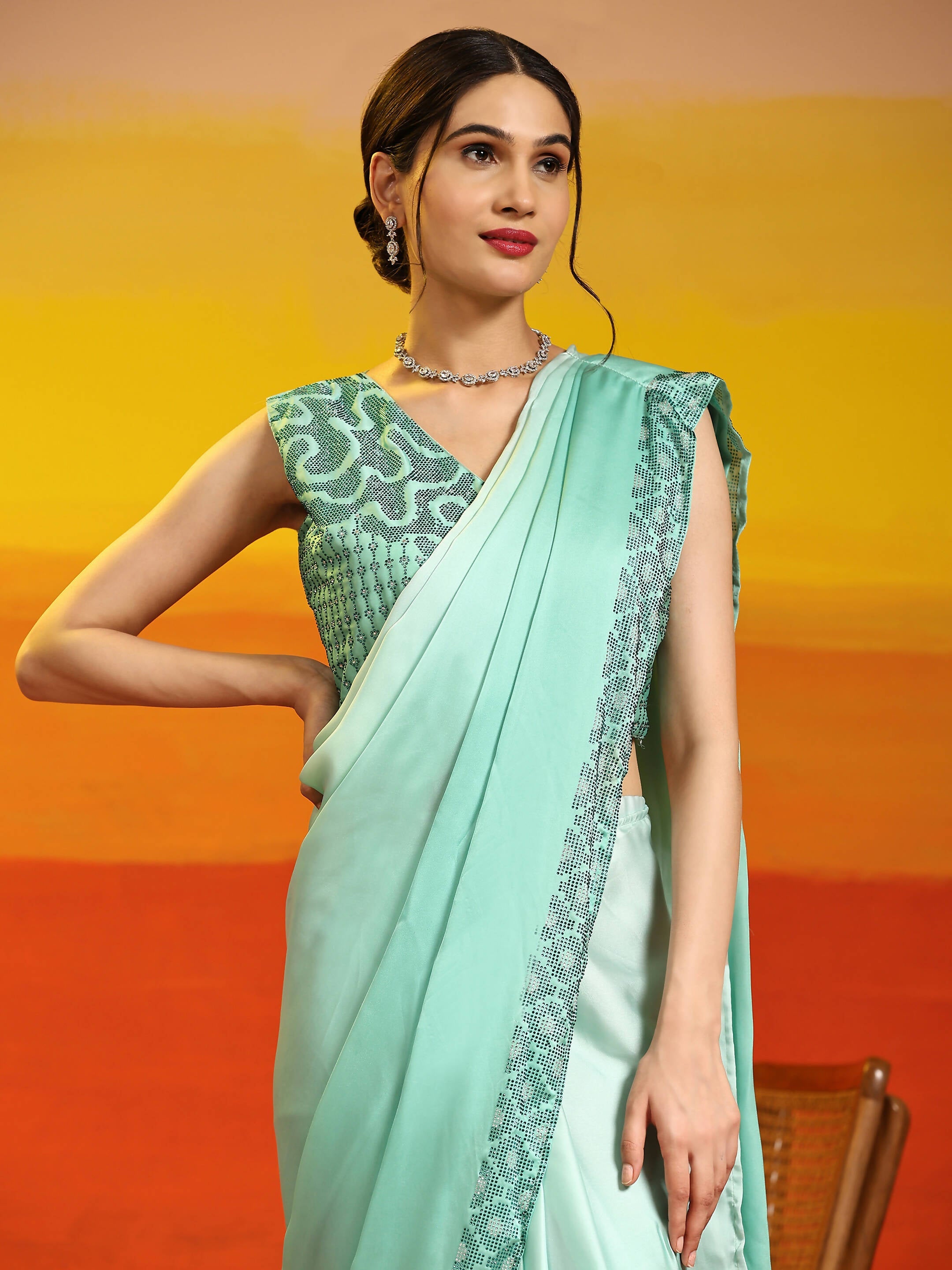 Sea Green Ombre Satin Georgette Plain Ready to wear Saree with stitched Blouse - Vrinda