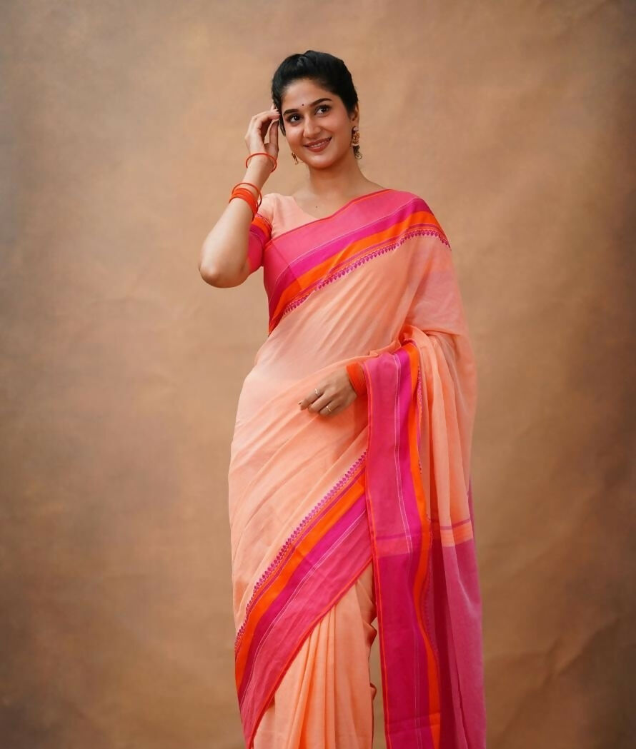 Exclusive Collection Light Orange Beautiful Khadi Cotton Handloom Saree