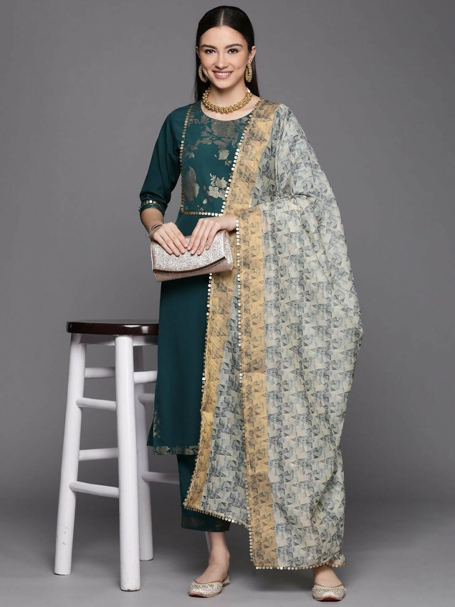 Ahalyaa Womens Dark Green Crepe Smoke Printed Kurta Pant Set With Dupatta