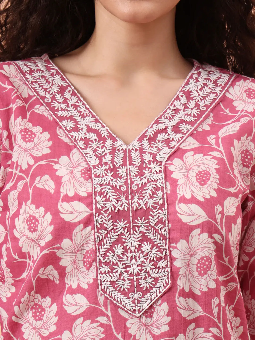 Yufta Lavender Pure Cotton Straight Floral,Kantha Work Kurta Pant Set