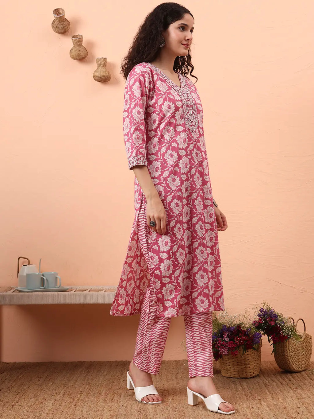 Yufta Lavender Pure Cotton Straight Floral,Kantha Work Kurta Pant Set