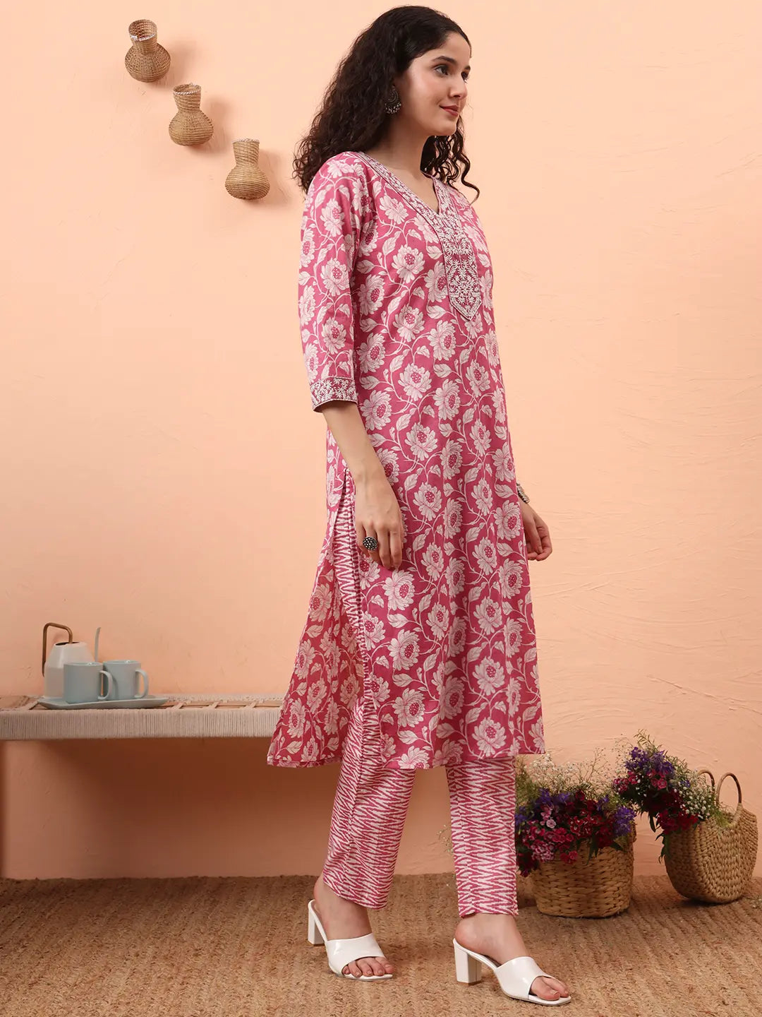 Yufta Lavender Pure Cotton Straight Floral,Kantha Work Kurta Pant Set